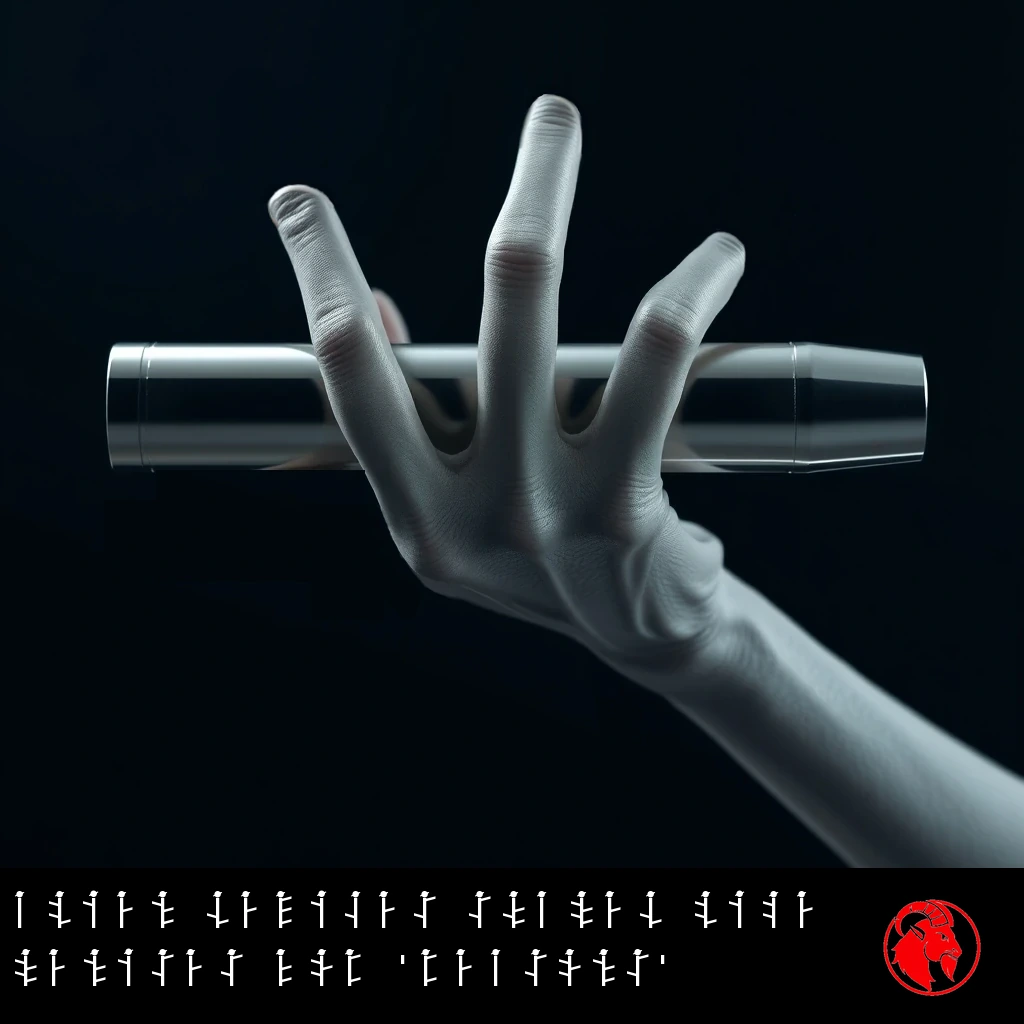 A grey three-fingered alien hand holding a sleek cylindrical metallic device horizontally. Caption: Alien devices shaped like penises for 'reasons'.