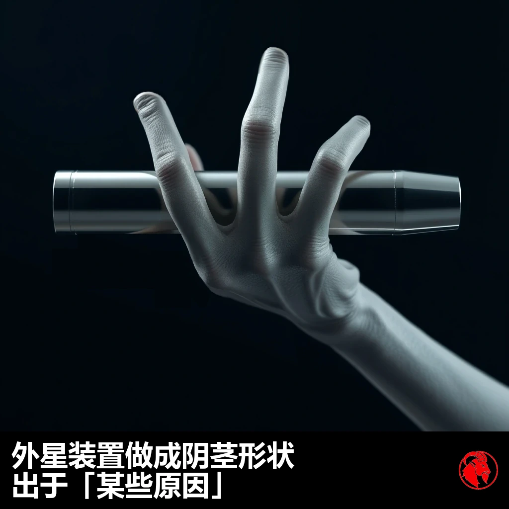 一只灰色的三指外星人手，横着握着一件造型流畅的圆柱形金属装置。说明文字：外星装置造成阴茎形状，「自有其因」。