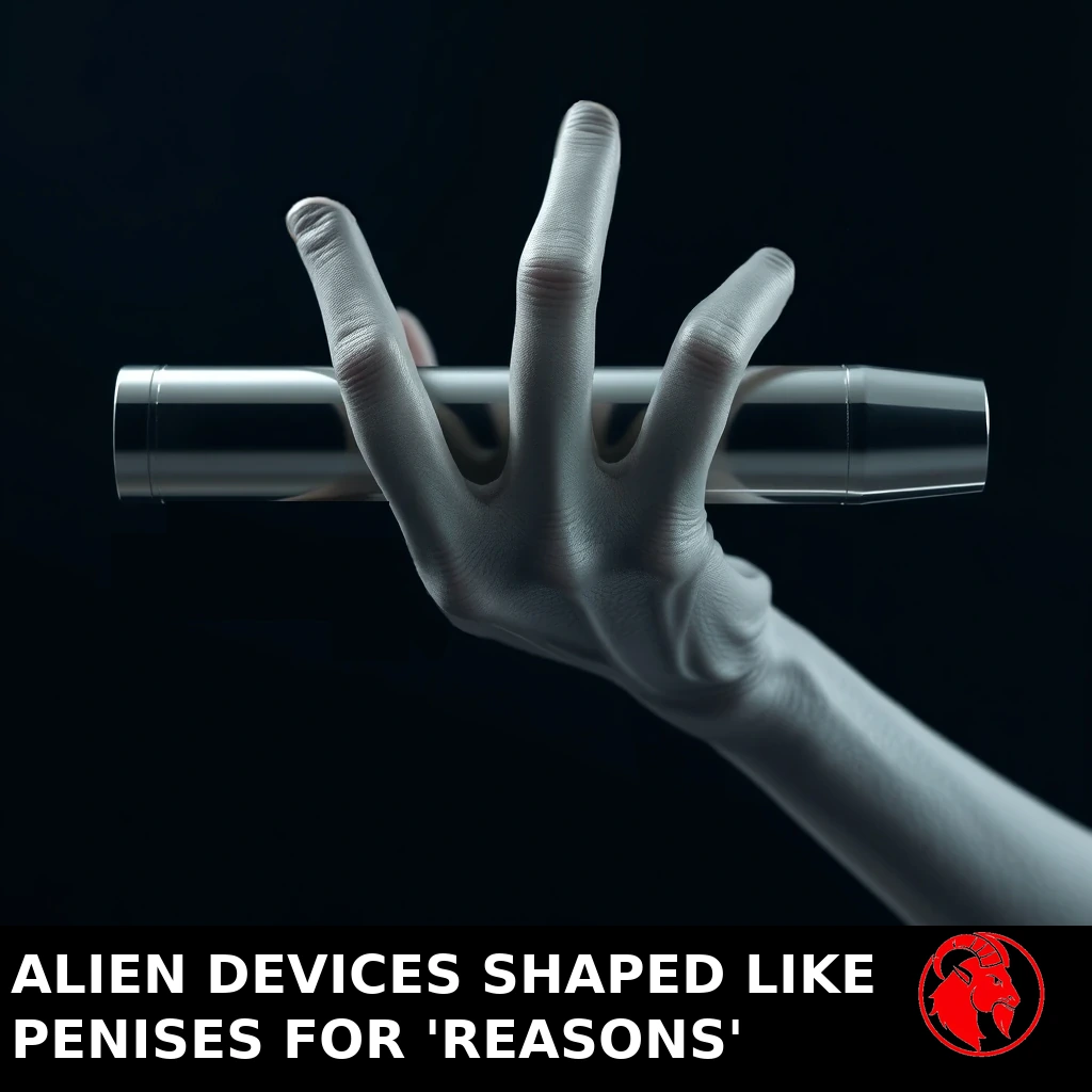 A grey three-fingered alien hand holding a sleek cylindrical metallic device horizontally. Caption: Alien devices shaped like penises for 'reasons'.