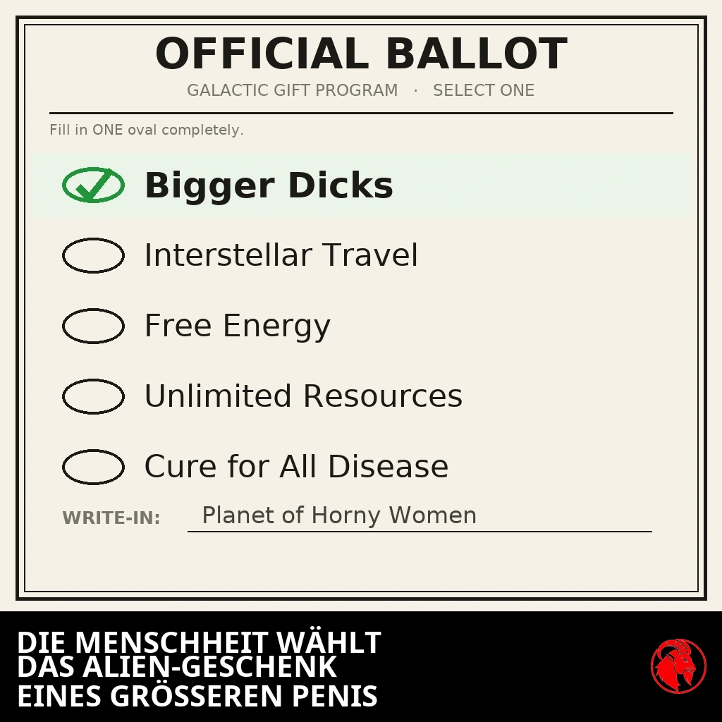 Ein offizieller Stimmzettel mit der Überschrift „Galaktisches Geschenkprogramm, Wählen Sie eines aus