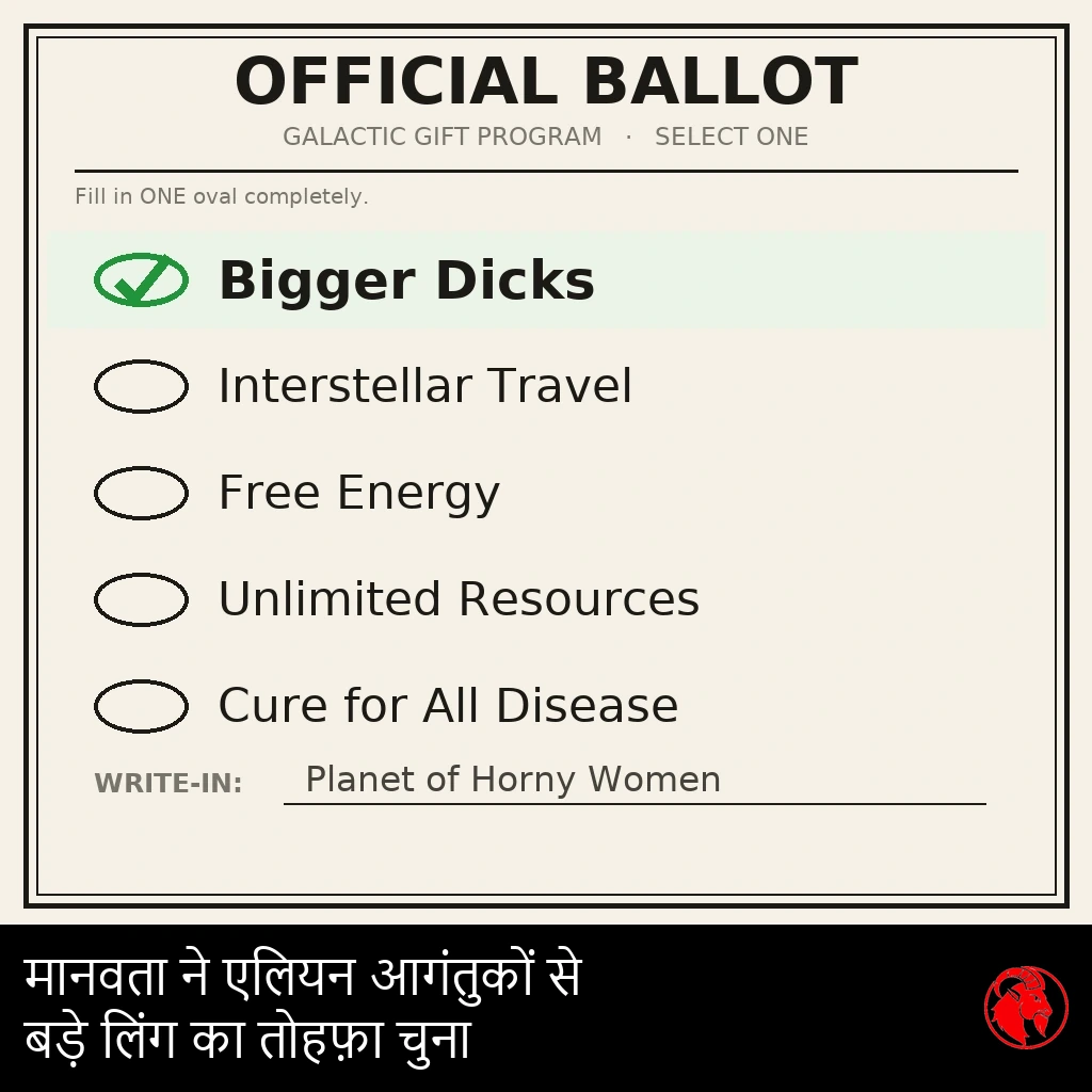 एक आधिकारिक मतपत्र जिसके शीर्ष पर लिखा है &lsquo;गैलेक्टिक गिफ़्ट प्रोग्राम, एक चुनें।&rsquo; &lsquo;बड़े लिंग&rsquo; के आगे हरे रंग का सही का निशान लगा है; अंतरतारकीय यात्रा, मुफ़्त ऊर्जा, असीमित संसाधन, और हर बीमारी का इलाज ख़ाली अंडाकार खानों के रूप में छोड़ दिए गए हैं; लिख-कर-डालने वाली पंक्ति में पढ़ा जा सकता है &lsquo;कामुक औरतों का ग्रह&rsquo;।