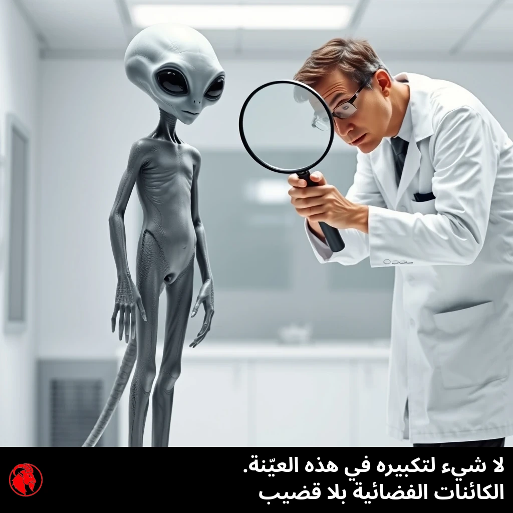 كائن فضائي رمادي عارٍ يفحصه عالم بشري ينظر من خلال عدسة مكبّرة. التعليق: لا بصلة على هذا الفحل. الكائنات الفضائية لا تملك قضيباً.