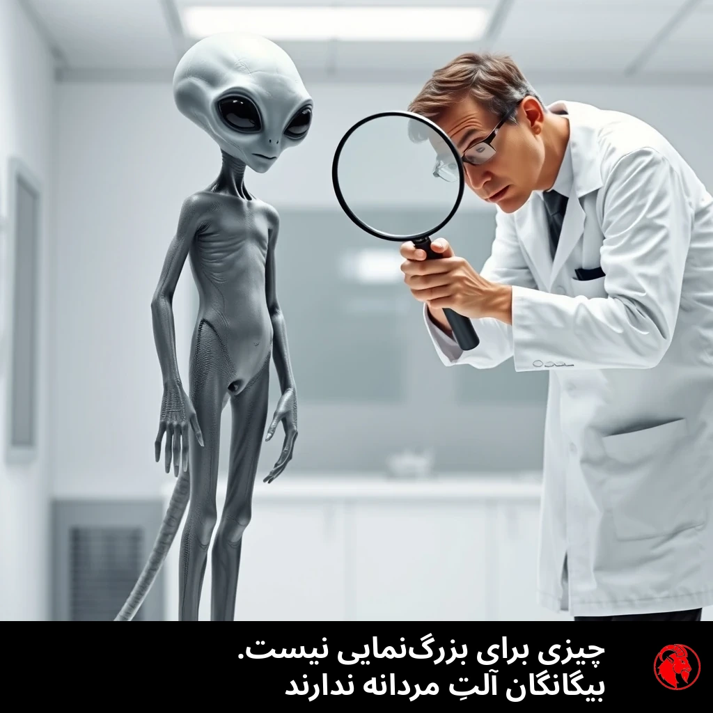 یک بیگانه‌ی خاکستریِ برهنه که دانشمندی انسانی از پشتِ ذره‌بین وارسی‌اش می‌کند. زیرنویس: رو این نریان تره‌ای هم نیست. بیگانگان آلت ندارند.