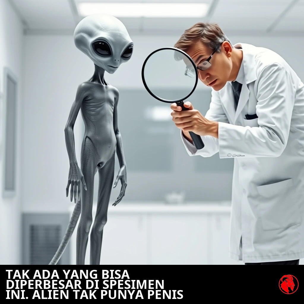 Seorang alien abu-abu telanjang yang diperiksa oleh seorang ilmuwan manusia yang mengintip lewat kaca pembesar. Keterangan: Tak ada daun bawang pada kuda jantan ini. Alien tidak punya penis.