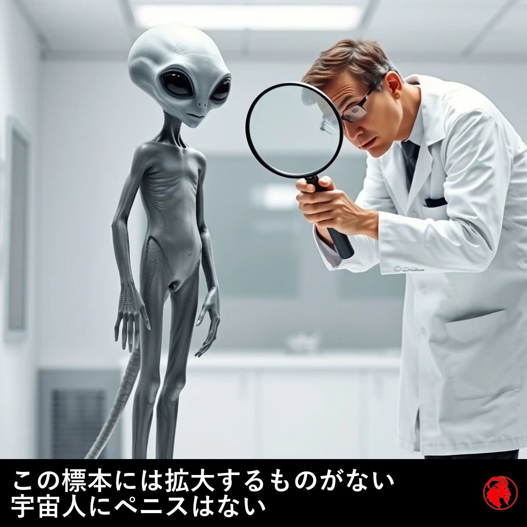 人間の科学者に虫眼鏡で覗き込まれている、裸の灰色の宇宙人。キャプション、この種馬にネギの一本もなし。宇宙人にはペニスがない