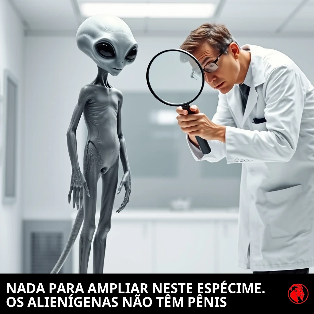 Um alienígena cinza nu examinado por um cientista humano que espia através de uma lupa. Legenda: Nada de cebolinha neste garanhão. Os alienígenas não têm pênis.