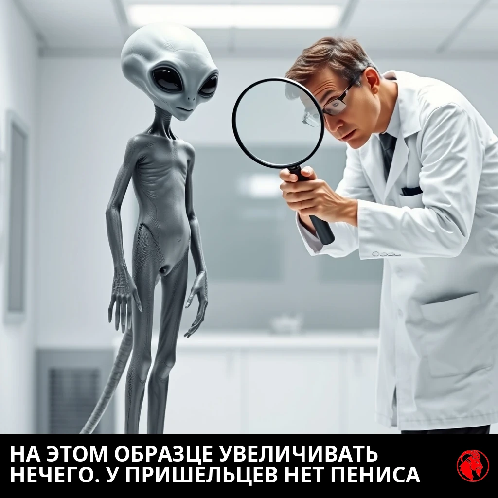 Голый серый инопланетянин, которого осматривает человек-учёный, разглядывая его через увеличительное стекло. Подпись: На этом жеребце ни лучка. У инопланетян нет пениса.