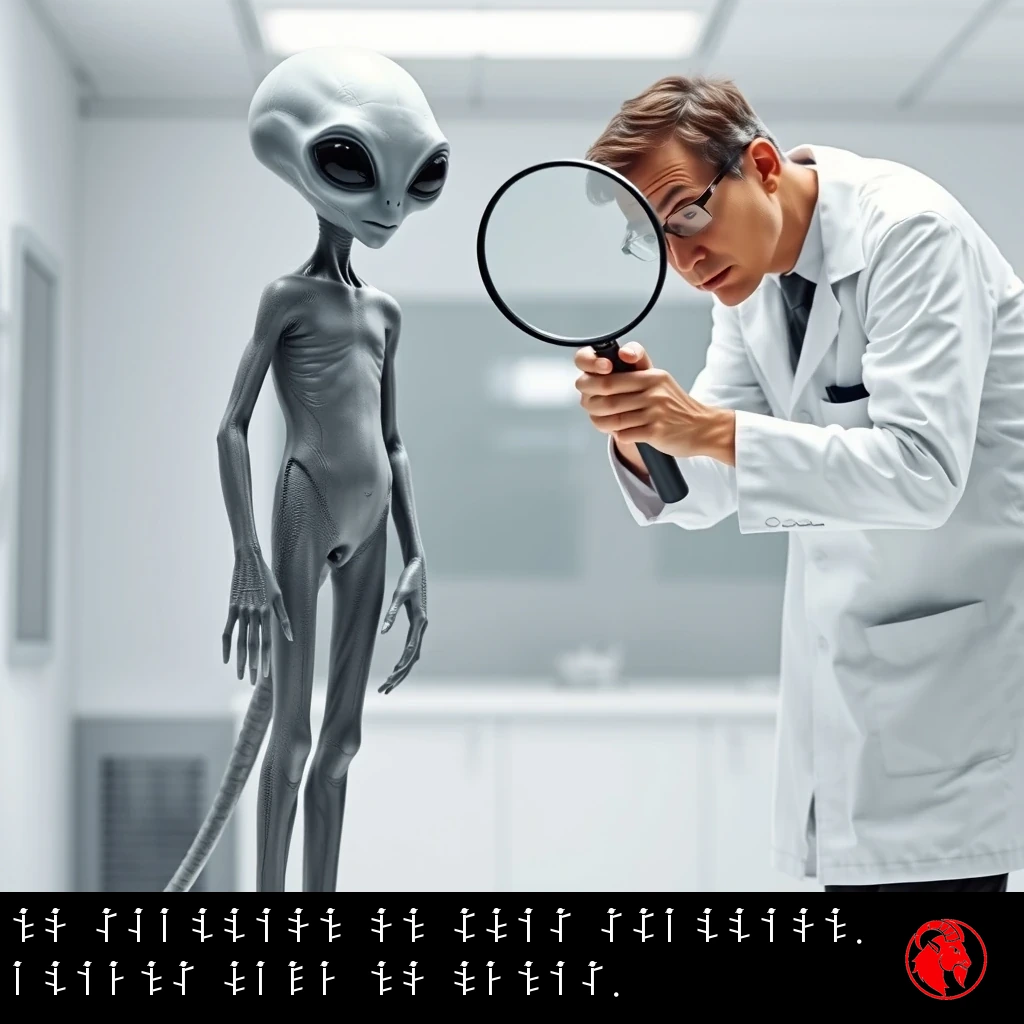 A nude grey alien examined by a human scientist peering through a magnifying glass. Caption: No scallion on this stallion. Aliens have no penis.
