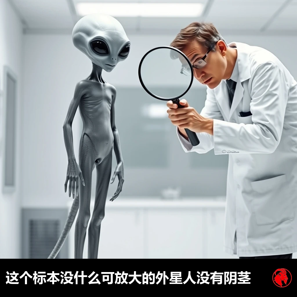 一名人类科学家手持放大镜，凑近端详一具赤裸的灰色外星人。说明文字：这匹种马身上没葱可拔。外星人没有阴茎。