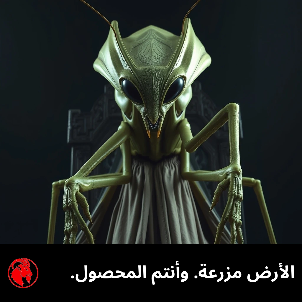 سيّد فضائي شاهق على هيئة فرس النبيّ في عباءة احتفالية، جالس على عرش منحوت. التعليق: الأرض مزرعة. أنتم المحصول.
