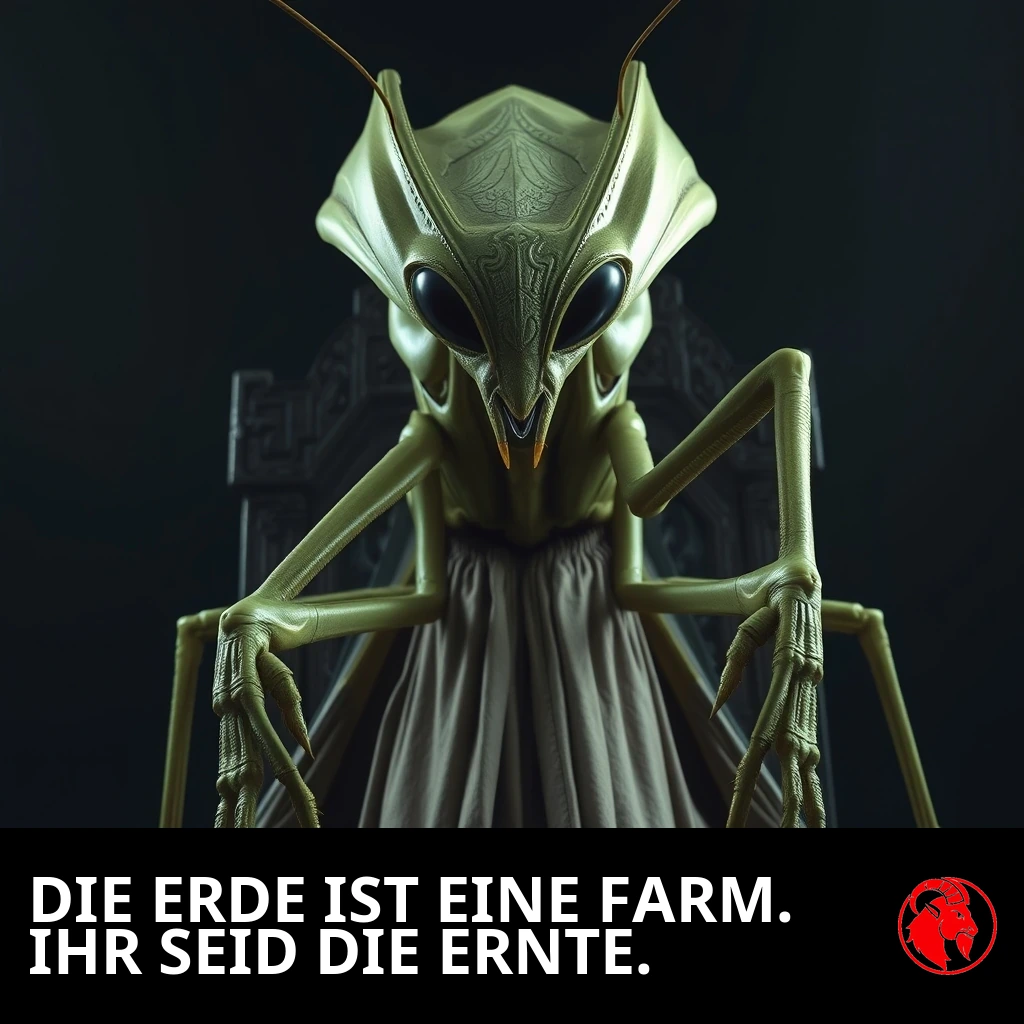Ein hochgewachsener Mantis-Oberherr in zeremoniellen Roben sitzt auf einem geschnitzten Thron. Bildunterschrift: Die Erde ist ein Bauernhof. Ihr seid die Ernte.