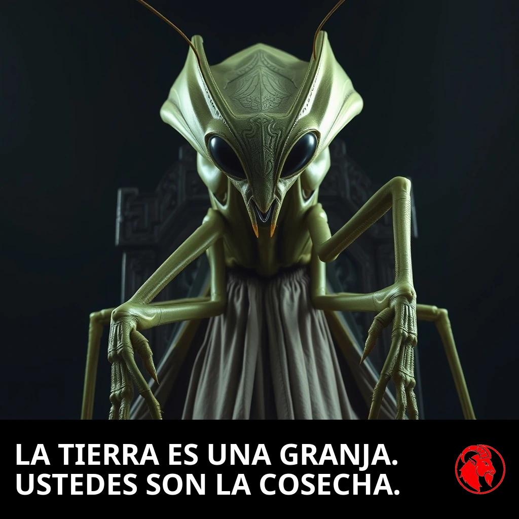 Un imponente amo alienígena con forma de mantis, ataviado con túnicas ceremoniales y sentado en un trono tallado. Pie de foto: La Tierra es una granja. Vosotros sois la cosecha.