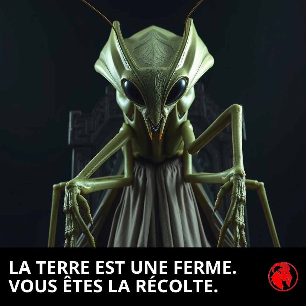 Un imposant maître alien en forme de mante religieuse, vêtu de robes cérémonielles et assis sur un trône sculpté. Légende : La Terre est une ferme. Vous êtes la récolte.