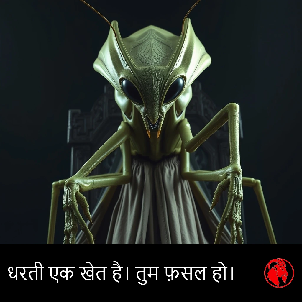 अनुष्ठानिक चोग़े में लिपटा एक विशालकाय मैन्टिस एलियन आक़ा, नक़्क़ाशीदार सिंहासन पर विराजमान। कैप्शन: धरती एक खेत है। तुम उसकी फ़सल हो।