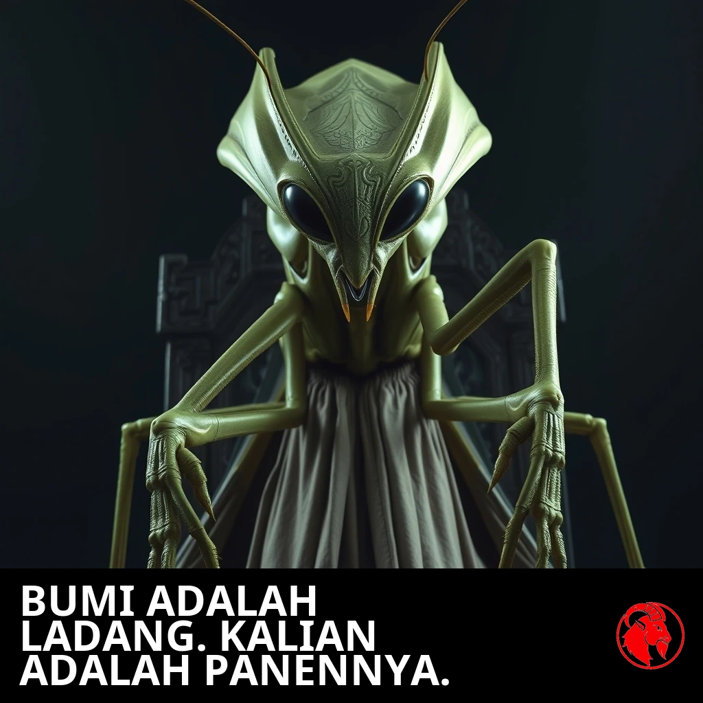 Seorang tuan alien belalang sembah yang menjulang dalam jubah upacara, duduk di atas singgasana berukir. Keterangan: Bumi adalah ladang. Kalian adalah panennya.
