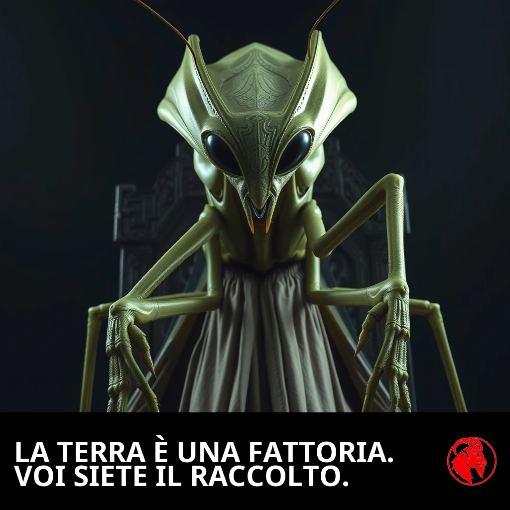 Un imponente signore alieno-mantide in vesti cerimoniali, seduto su un trono intagliato. Didascalia: La Terra &egrave; una fattoria. Voi siete il raccolto.