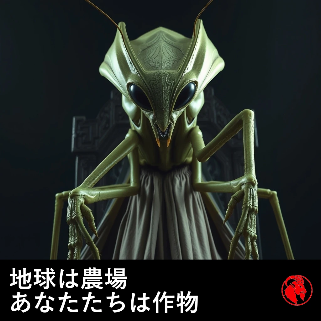 儀礼用の長衣をまとい、彫刻を施した玉座に腰かける、見上げるほど巨大なカマキリ型宇宙人の支配者。キャプション：地球は農場。あなたがたは作物だ。