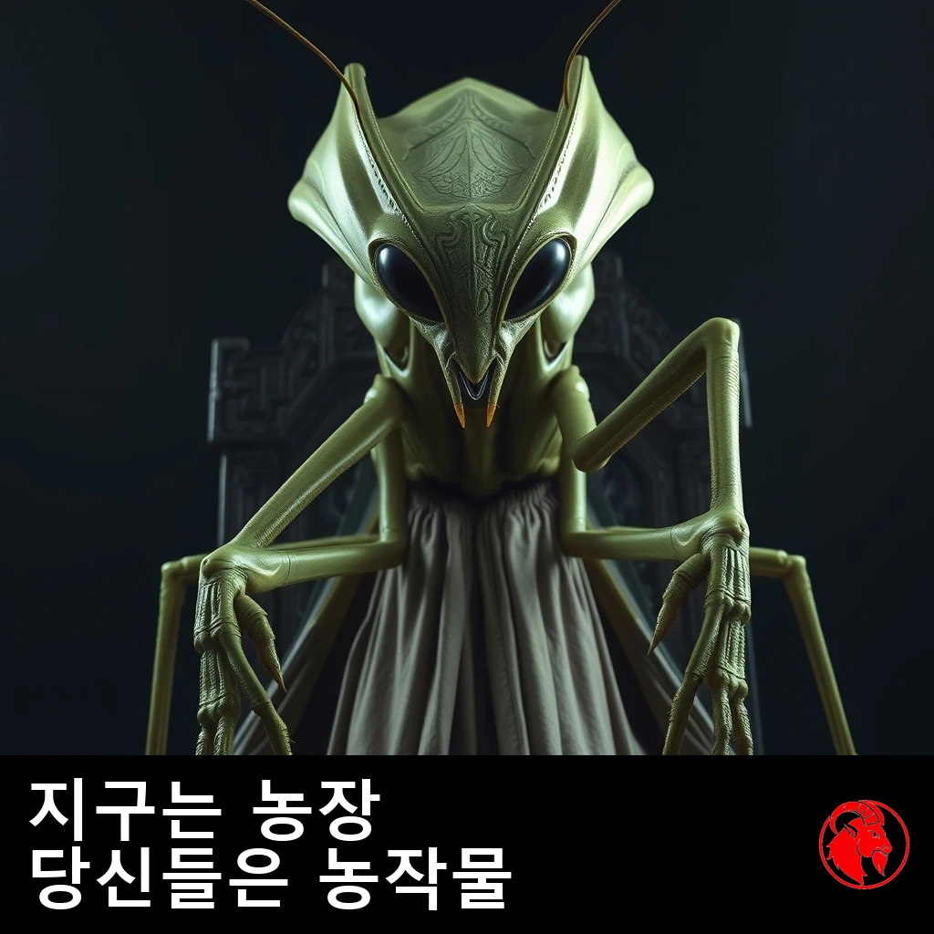 의례용 예복을 걸친 거대한 사마귀 외계인 지배자가 조각된 옥좌에 앉아 있다. 캡션: 지구는 농장. 너희는 작물이다.