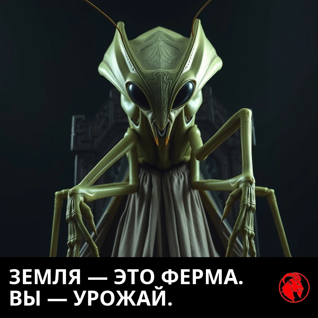 Высоченный инопланетный повелитель-богомол в церемониальном облачении восседает на резном троне. Подпись: Земля — это ферма. Вы — урожай.