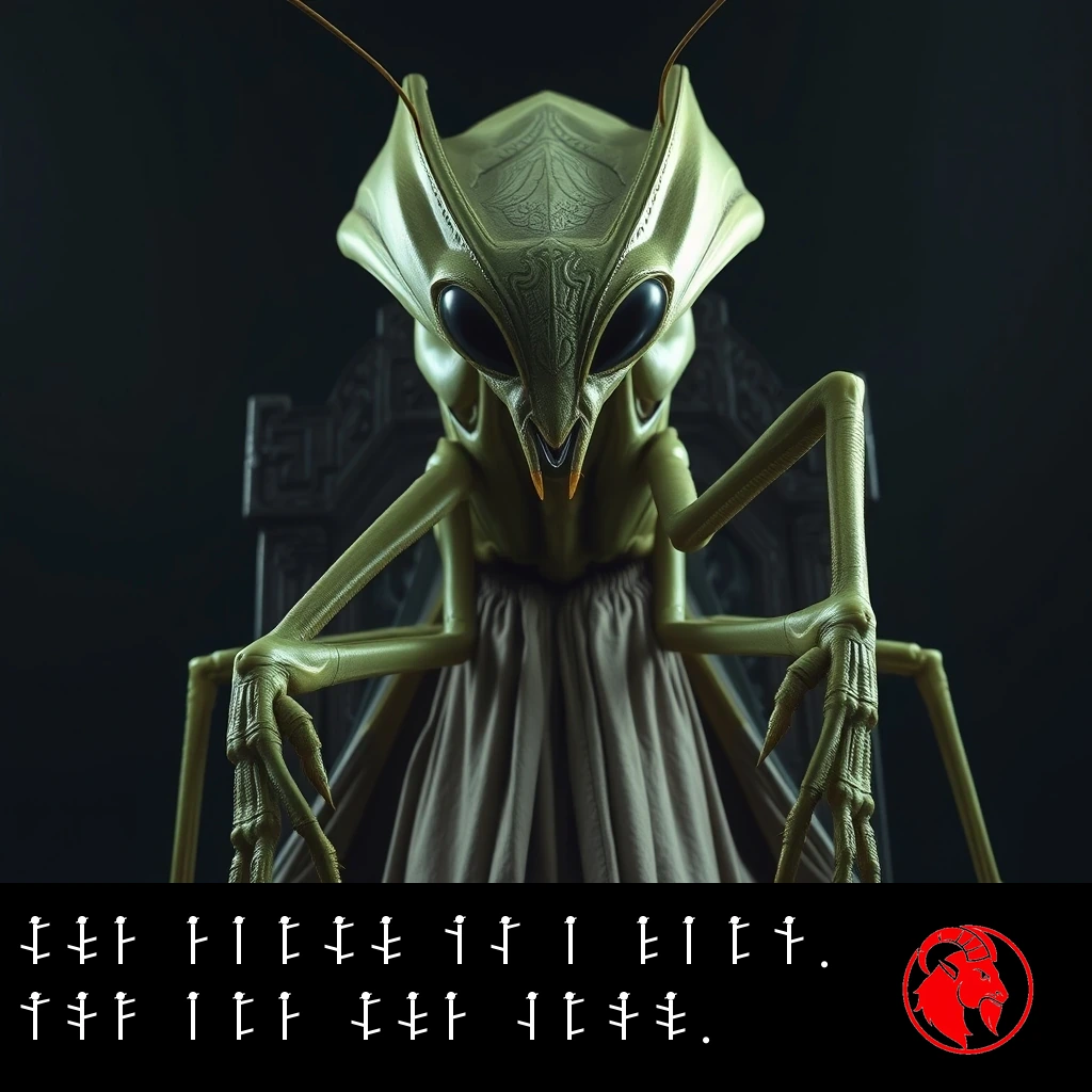A towering mantis alien overlord in ceremonial robes seated on a carved throne. Caption: The Earth is a farm. You are the crop.
