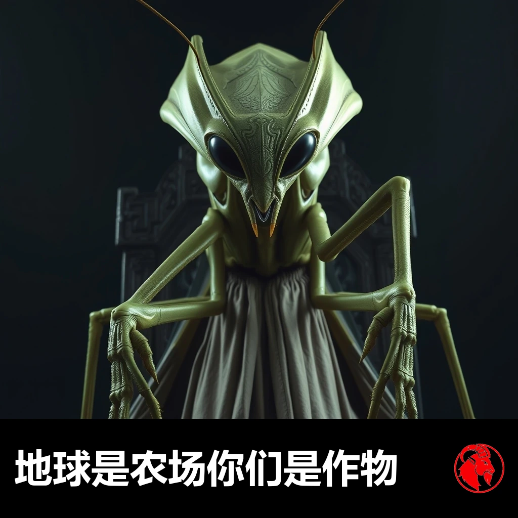 一只高大的螳螂外星霸主身着礼袍，端坐在雕花宝座上。说明文字：地球是一座农场，你们是庄稼。