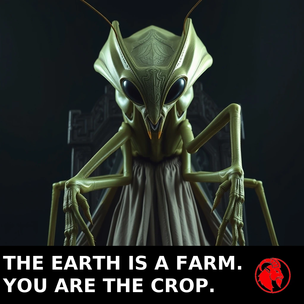 A towering mantis alien overlord in ceremonial robes seated on a carved throne. Caption: The Earth is a farm. You are the crop.