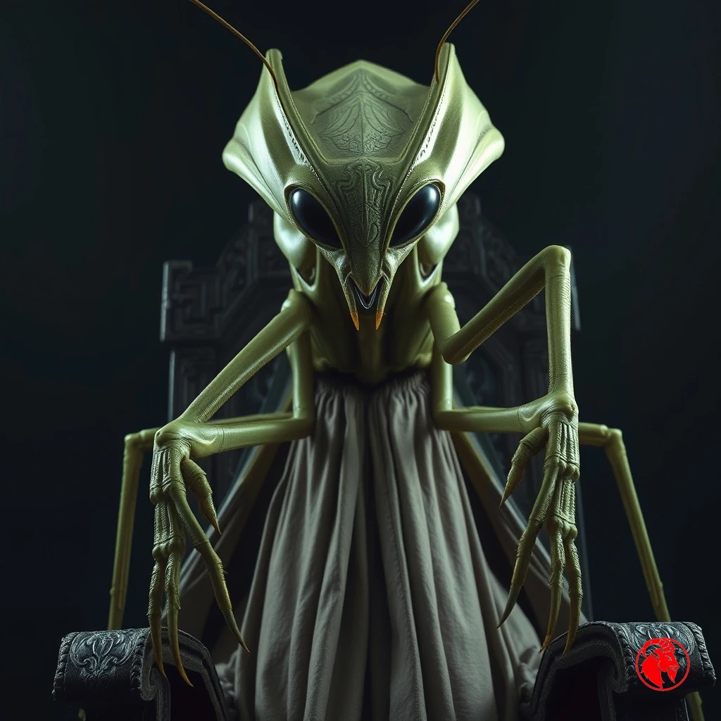 A towering mantis alien overlord in ceremonial robes seated on a carved throne