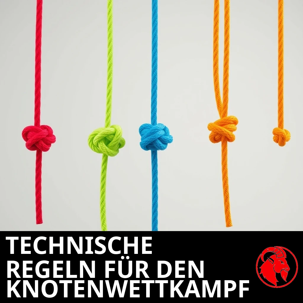 Eine Reihe verschiedenfarbiger Seile, jedes mit einem einzigen Knoten; Bildunterschrift: technische Spezifikation für den Knotenbinde-Wettbewerb