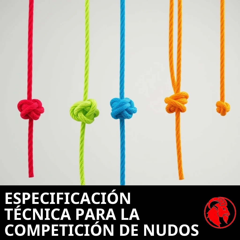 Una hilera de cuerdas de distintos colores, cada una atada con un solo nudo; pie de foto: especificación técnica para la prueba de atado de nudos