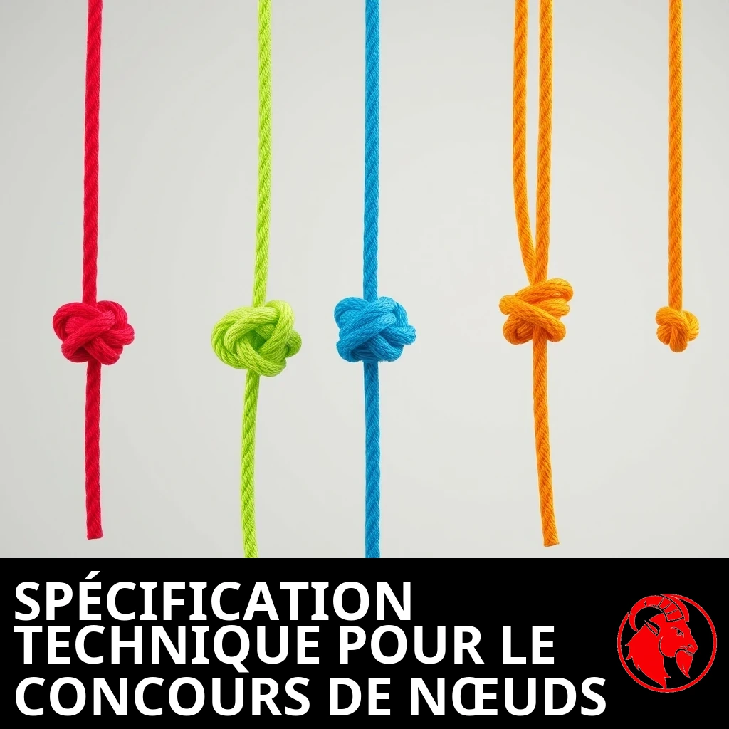 Une rangée de cordes de différentes couleurs, chacune nouée d'un seul nœud ; légende : spécification technique de l'épreuve de nœuds