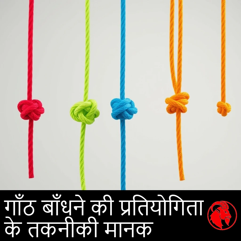 अलग-अलग रंगों की रस्सियों की एक क़तार, हर एक पर एक ही गाँठ बँधी है; कैप्शन: गाँठ बाँधने की प्रतियोगिता के लिए तकनीकी विनिर्देश
