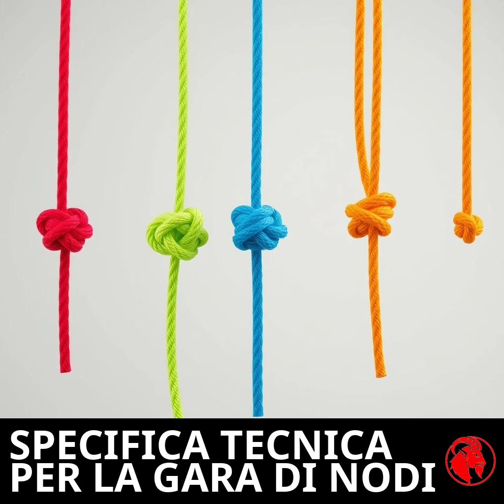 Una fila di corde di colori diversi, ciascuna annodata con un solo nodo; didascalia: specifica tecnica per la gara di annodatura