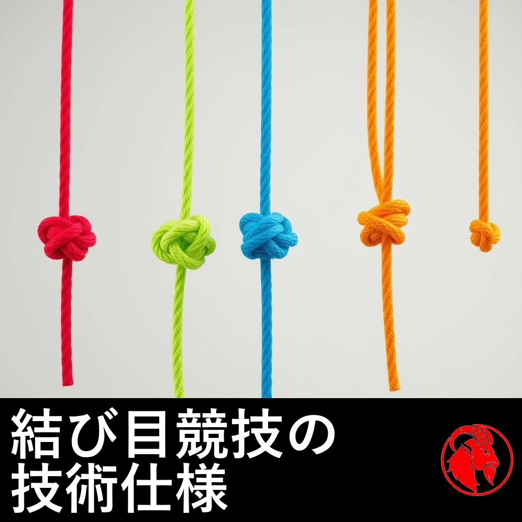 色とりどりのロープが一列に並び、それぞれに一つの結び目。キャプション：結び目競技の技術仕様