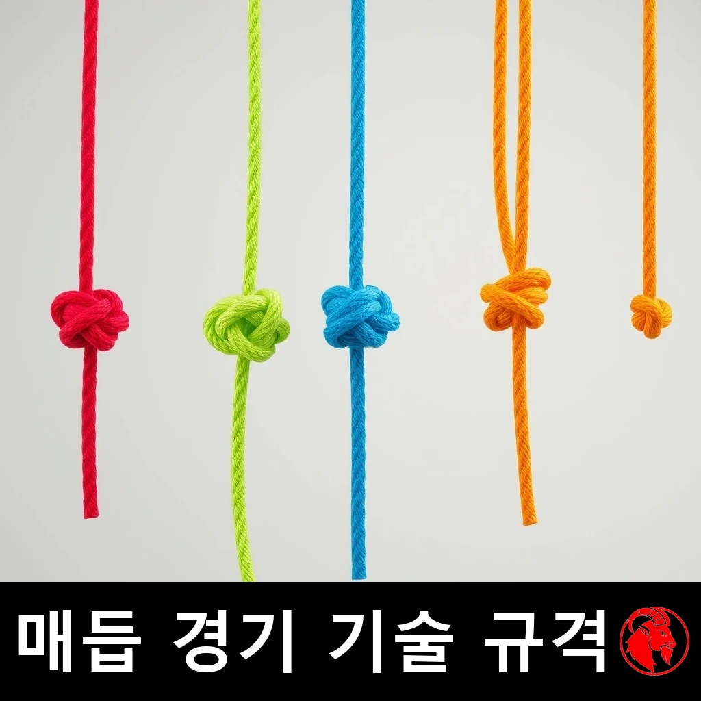서로 다른 색깔의 밧줄이 한 줄로 늘어서 있고, 각각 매듭 하나가 묶여 있다. 캡션: 매듭 묶기 경기의 기술 규격