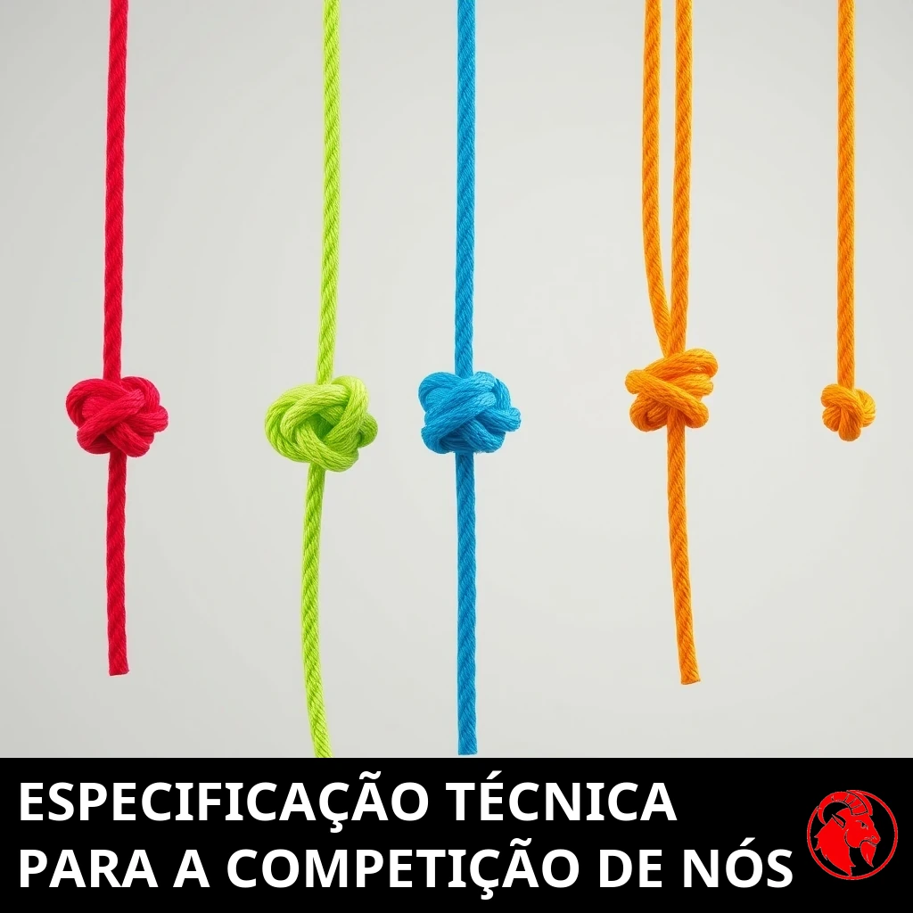 Uma fileira de cordas de cores diferentes, cada uma atada com um único nó; legenda: especificação técnica para a prova de atar nós