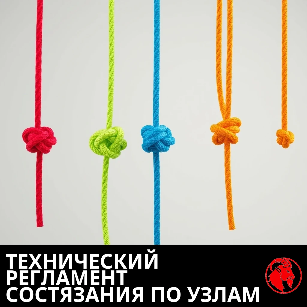 Ряд разноцветных верёвок, каждая завязана одним узлом; подпись: техническое описание состязания по завязыванию узлов