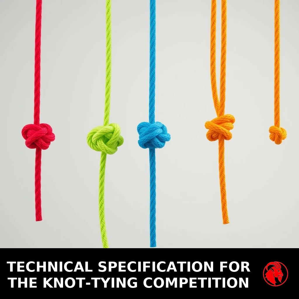 A row of different-colored ropes, each tied with a single knot; caption: technical specification for the knot-tying competition