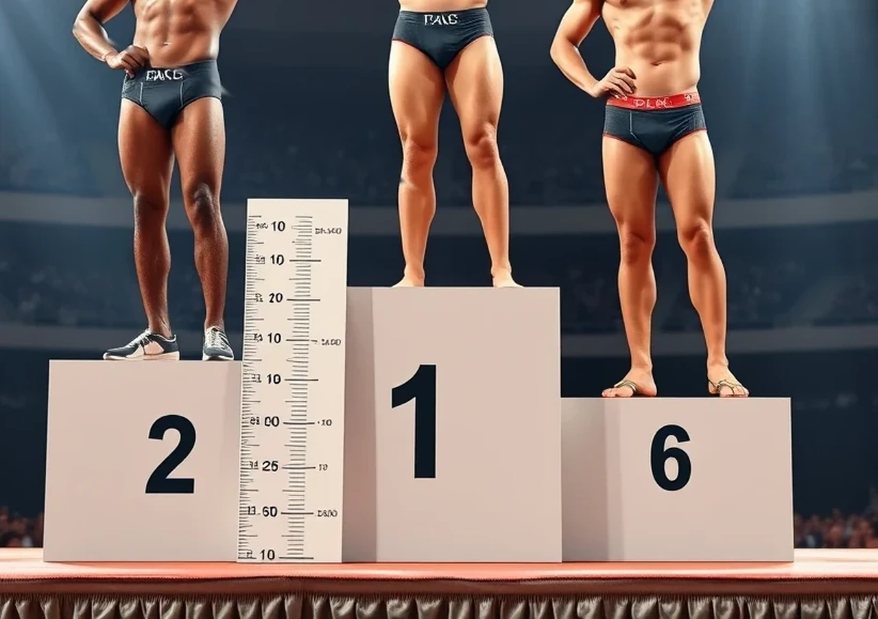 Three male athletes on a medal podium with a vertical measuring board