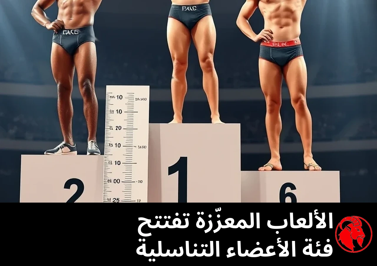 ثلاثة رياضيين ذكور من أعراق مختلفة على منصّة تتويج بسروال منافسات، إلى جانبهم لوح قياس عمودي؛ التعليق: الألعاب المعزّزة تفتتح فئة الأعضاء التناسلية