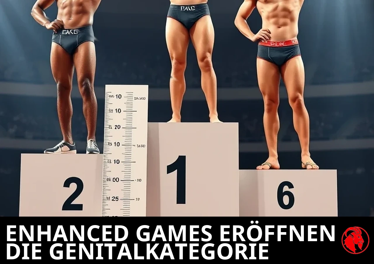 Drei männliche Athleten verschiedener Herkunft auf einem Siegerpodest in Wettkampf-Slips, daneben ein senkrechtes Messbrett; Bildunterschrift: Enhanced Games eröffnen Genitalkategorie