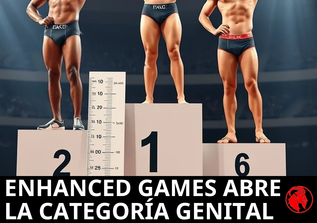 Tres atletas masculinos de distintas razas en un podio de medallas con calzón de competición, junto a una tabla de medición vertical; pie de foto: los Enhanced Games estrenan la categoría genital