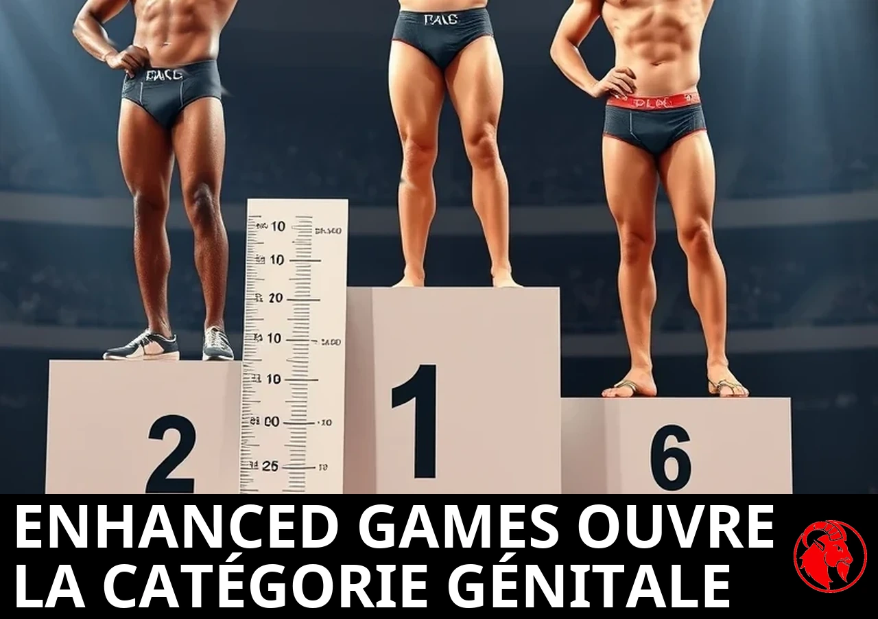 Trois athlètes masculins de différentes origines sur un podium de médailles en slip de compétition, à côté d'une planche de mesure verticale ; légende : les Enhanced Games ouvrent la catégorie génitale