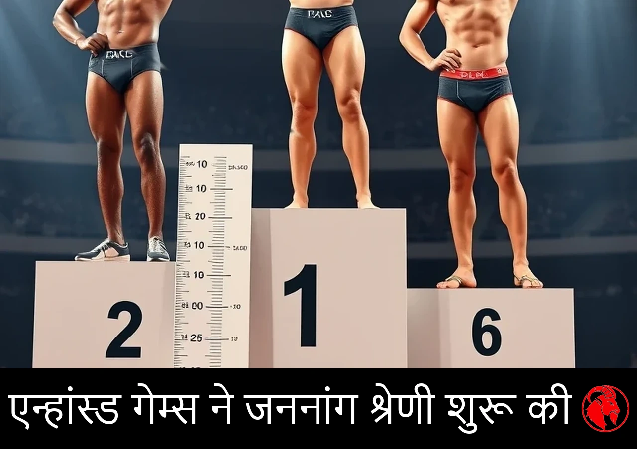 अलग-अलग नस्लों के तीन पुरुष एथलीट प्रतियोगिता की जाँघिया पहने पदक मंच पर खड़े हैं, साथ में एक खड़ी मापन-पट्टी; कैप्शन: एन्हांस्ड गेम्स ने जननांग श्रेणी शुरू की