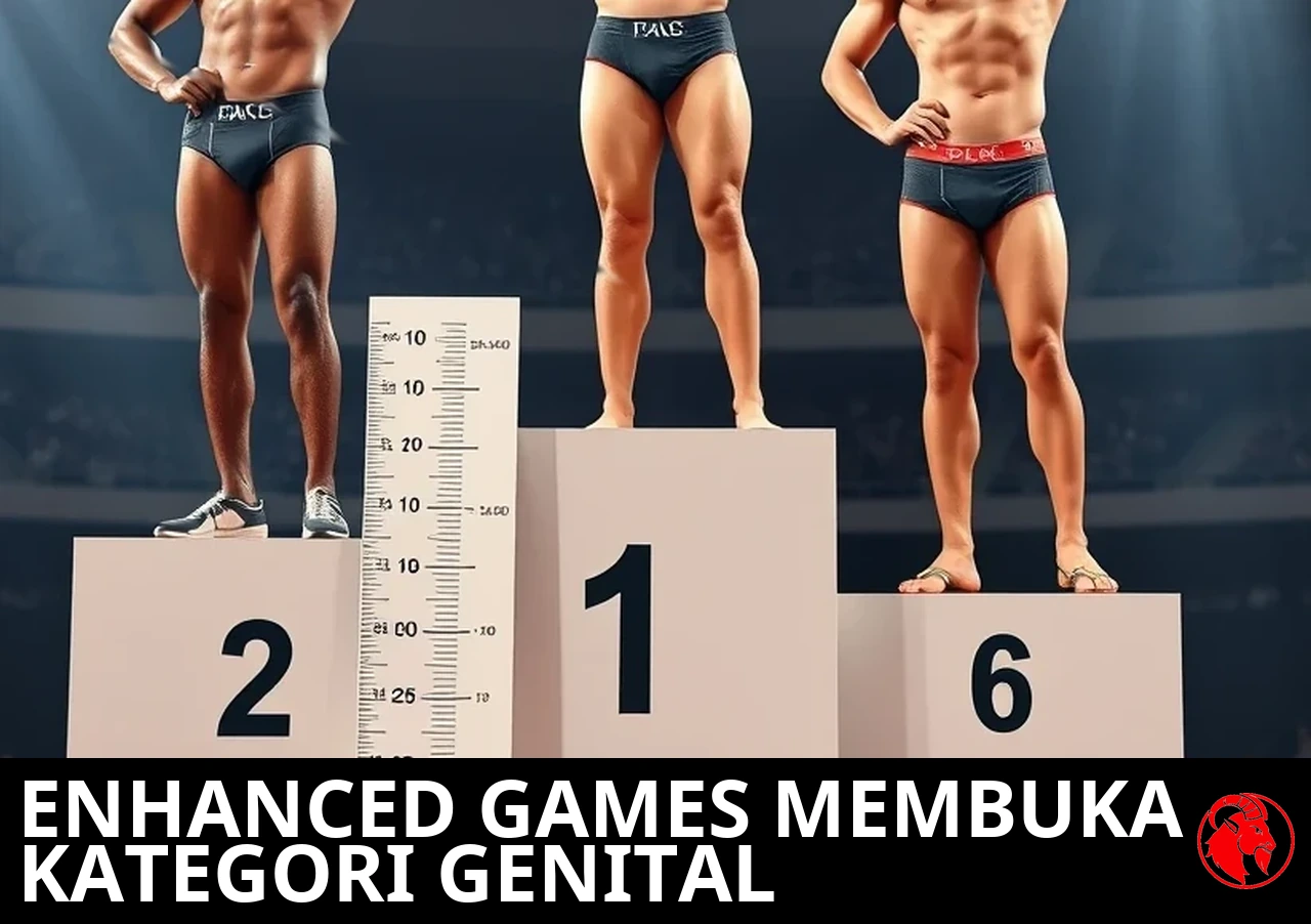 Tiga atlet pria dari berbagai ras di podium medali mengenakan celana lomba, di sampingnya papan ukur vertikal; keterangan: Enhanced Games membuka kategori genital