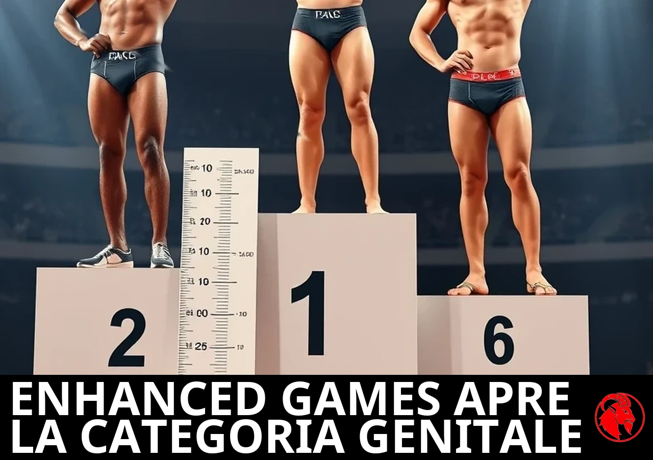 Tre atleti maschi di etnie diverse su un podio delle medaglie in slip da gara, accanto a una tavola di misurazione verticale; didascalia: gli Enhanced Games inaugurano la categoria genitale