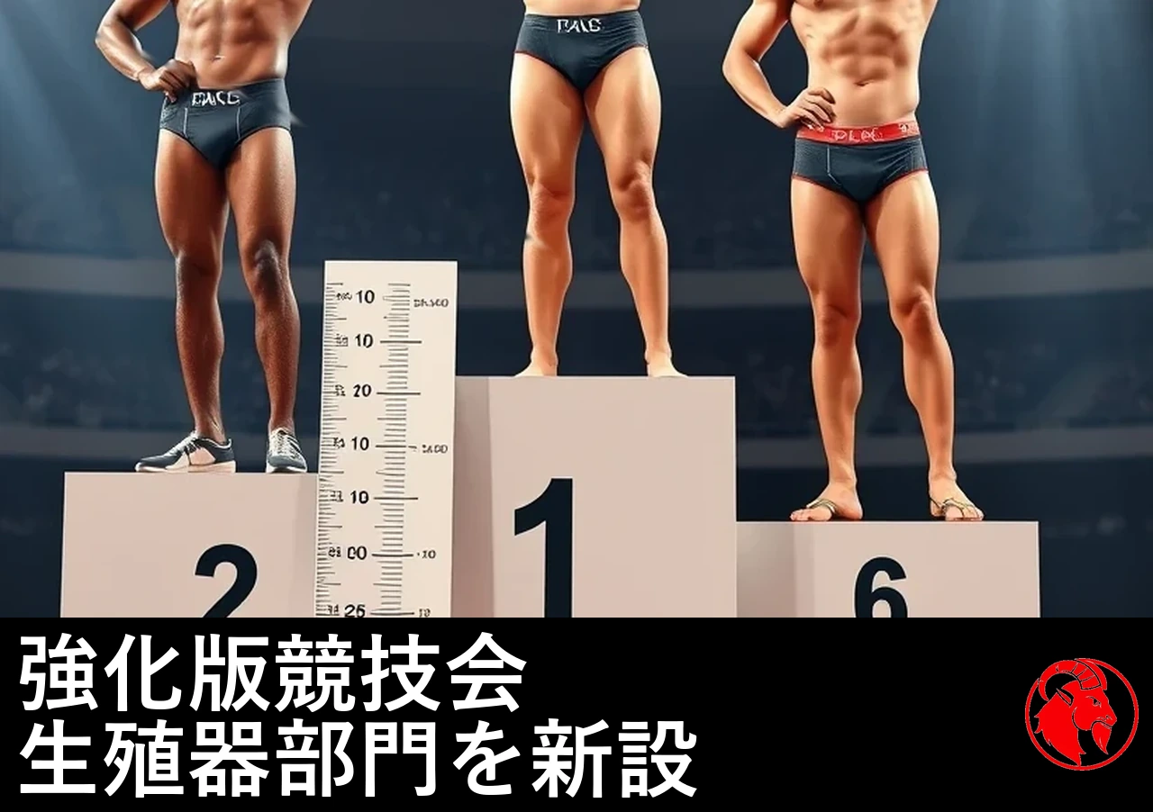 さまざまな人種の男性選手三人が競技用トランクス姿で表彰台に立ち、横には垂直の測定板。キャプション：エンハンスト・ゲームズ、生殖器部門を新設