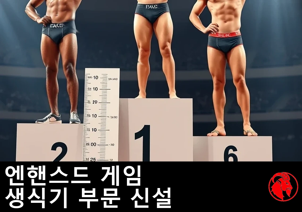 다양한 인종의 남자 선수 셋이 경기용 삼각팬티 차림으로 메달 시상대에 서 있고, 옆에는 수직 측정판이 있다. 캡션: 인핸스드 게임스, 생식기 종목 신설