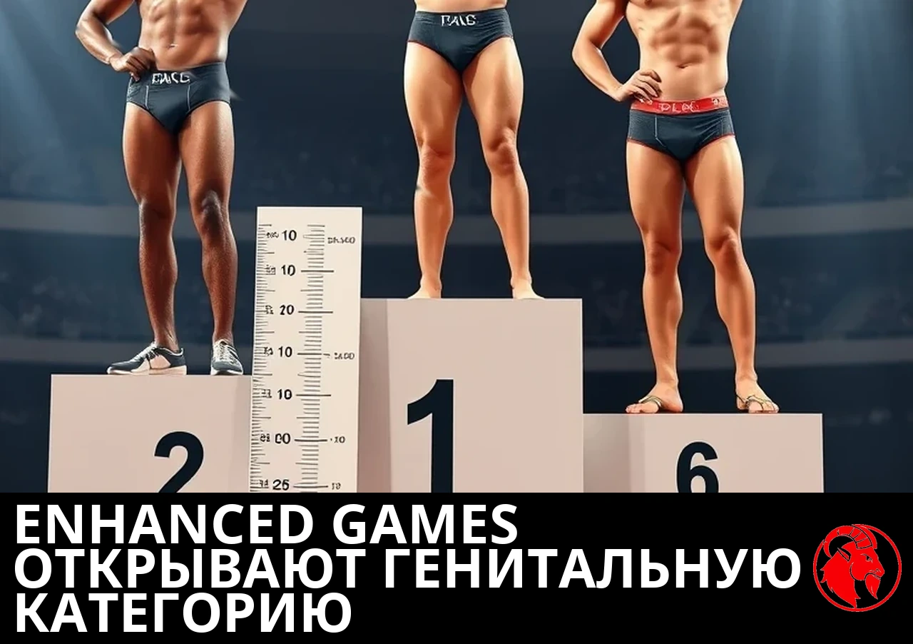 Трое спортсменов-мужчин разных рас на пьедестале в соревновательных плавках, рядом вертикальная мерная доска; подпись: «Улучшенные игры» открывают генитальную категорию