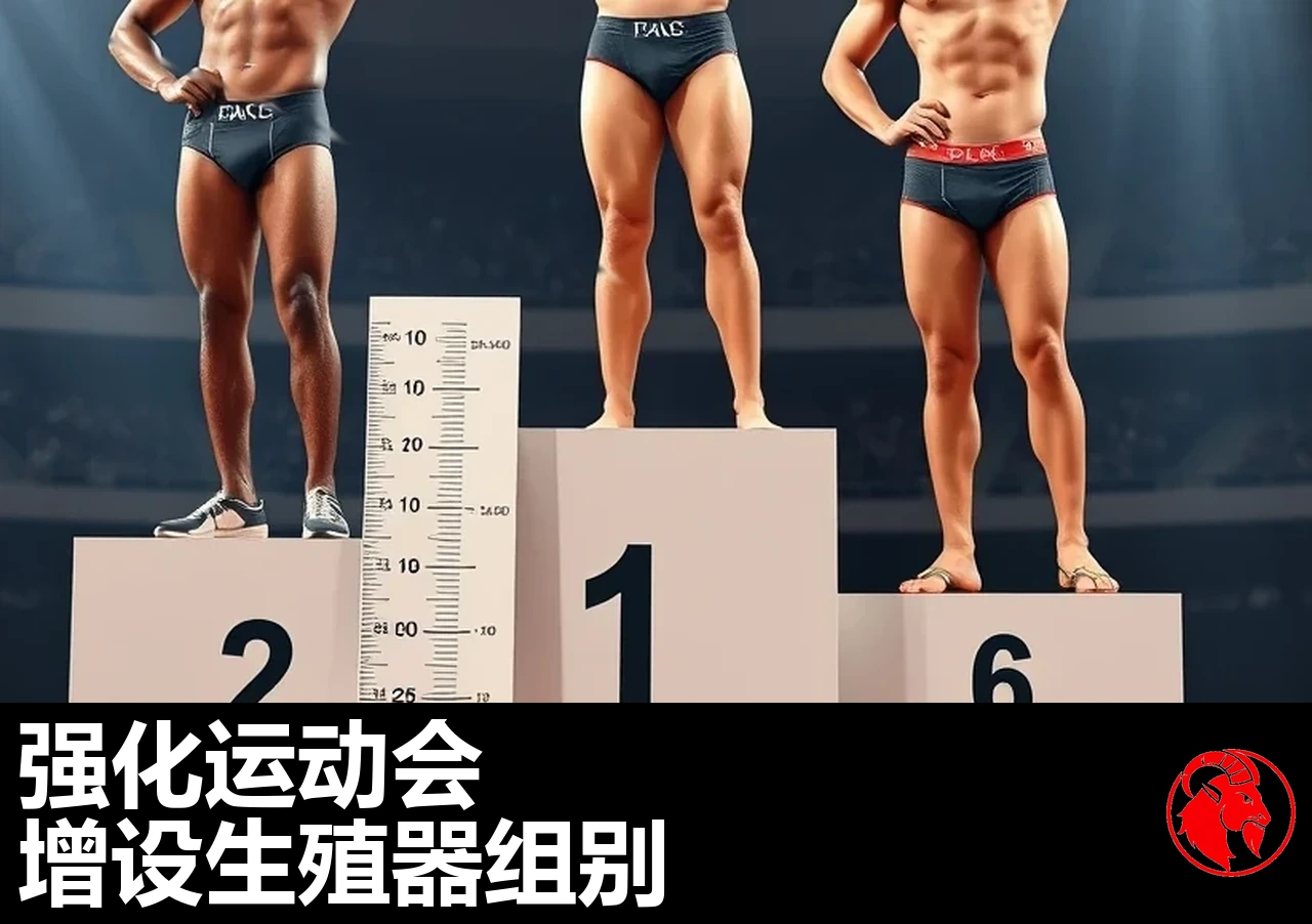 三名不同种族的男运动员身着比赛三角裤站在领奖台上，旁边立着一块竖直的测量板；图注：增强运动会增设生殖器项目