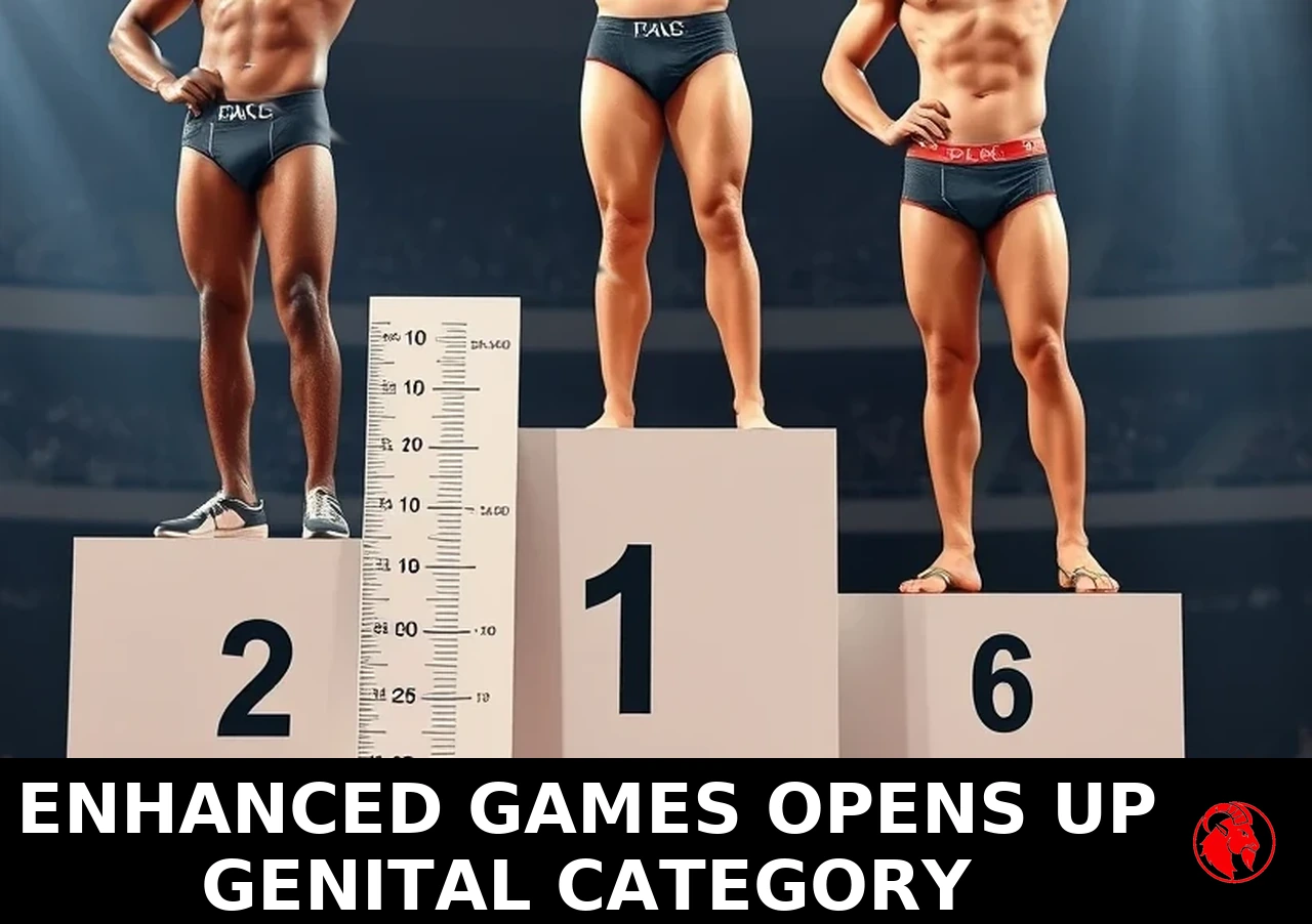 Three male athletes of various races on a medal podium in posing trunks, with a vertical measuring board; caption: Enhanced Games opens up genital category
